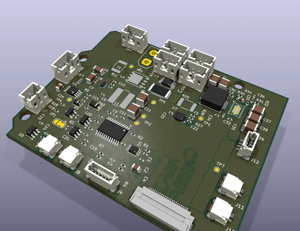 The Huebot hat board in 3D: servo bus connectors, sensor ports, power stage